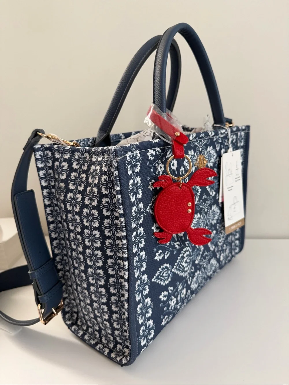 Floral Navy Convertible Satchel with Red Crab Charm